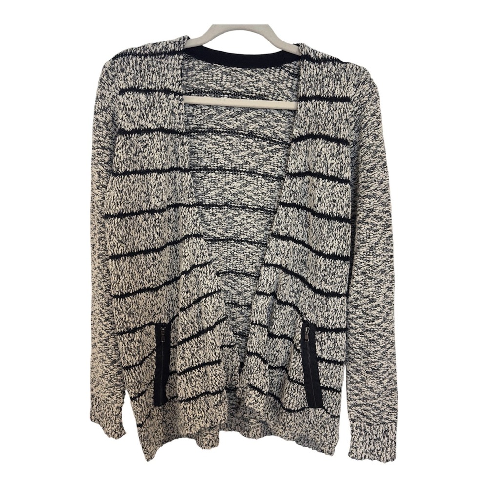 Black and White Marled Striped Open Front Cardigan with Zipper Pockets RN 93178